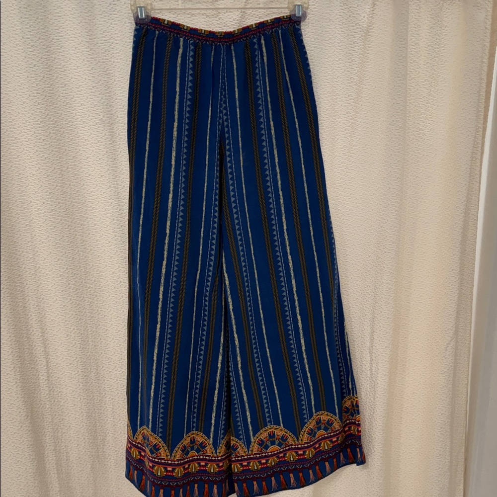Flying Tomato Blue Stripe Wide-Leg Boho Pants with Patterned Trim - Picture 3 of 4